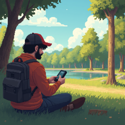 an_indie_gamer_is_playing_a_pixel_grafic_looking_game_like_rimworld_in_the_park_the_weather_is_nice