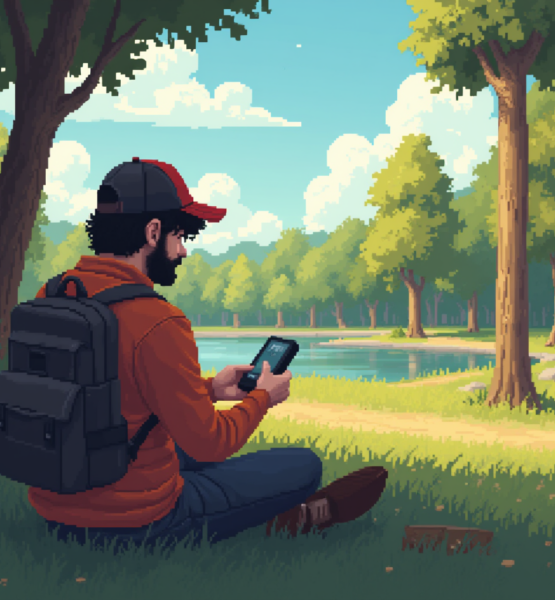 an_indie_gamer_is_playing_a_pixel_grafic_looking_game_like_rimworld_in_the_park_the_weather_is_nice