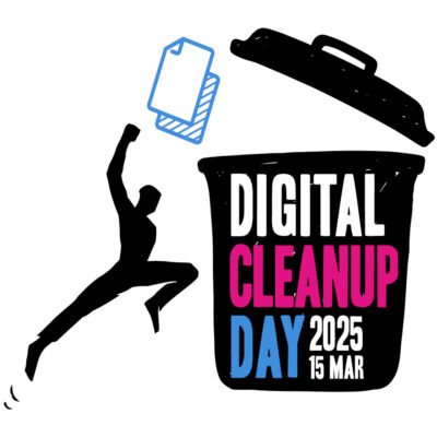 Das Logo des Digital Cleanup Days. Eine Person wirft Dokumente in eine offene Mülltonne mit der Aufschrift Digital Cleanup Day.