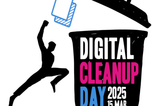 Das Logo des Digital Cleanup Days. Eine Person wirft Dokumente in eine offene Mülltonne mit der Aufschrift Digital Cleanup Day.