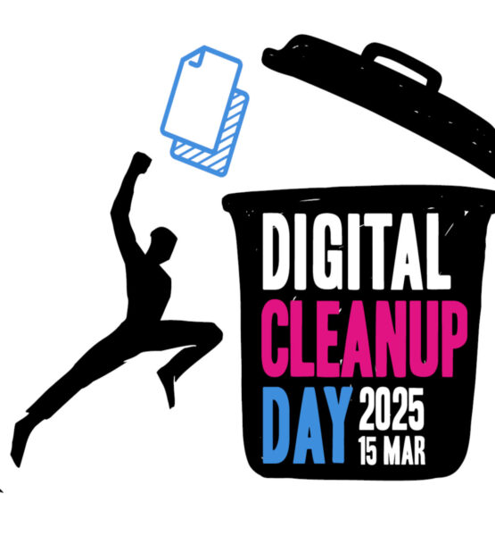 Das Logo des Digital Cleanup Days. Eine Person wirft Dokumente in eine offene Mülltonne mit der Aufschrift Digital Cleanup Day.
