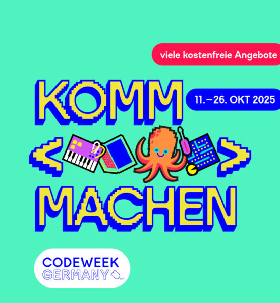 Einladungs-Grafik zur Code Week mit einem "Komm machen" und dem Zeitraum 11. - 26. Oktober und dem Hinweis auf viele kostenlose Angebote.