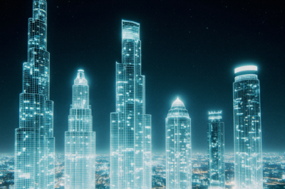 Employees of a firm lift their hands up joyfully, above their heads is a screen, symbolising digitalization. they worship it for the great many things it will bring their company