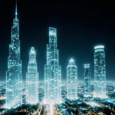 Employees of a firm lift their hands up joyfully, above their heads is a screen, symbolising digitalization. they worship it for the great many things it will bring their company