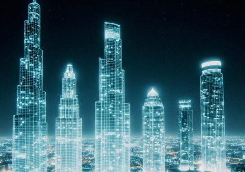 Employees of a firm lift their hands up joyfully, above their heads is a screen, symbolising digitalization. they worship it for the great many things it will bring their company