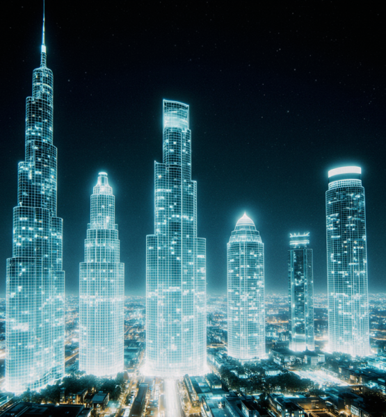 Employees of a firm lift their hands up joyfully, above their heads is a screen, symbolising digitalization. they worship it for the great many things it will bring their company