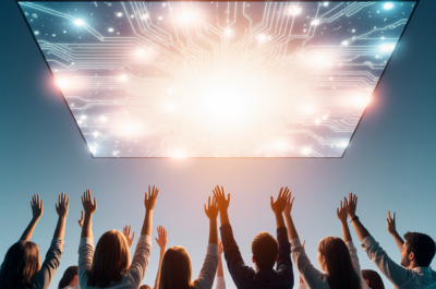 Employees of a firm lift their hands up joyfully, above their heads is a screen, symbolising digitalization. they worship it for the great many things it will bring their company