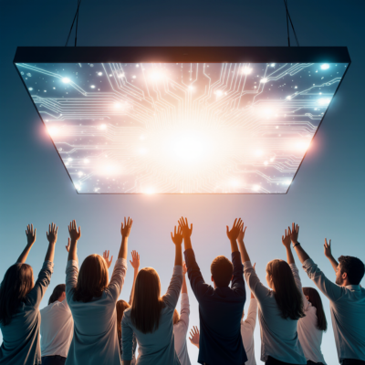 Employees of a firm lift their hands up joyfully, above their heads is a screen, symbolising digitalization. they worship it for the great many things it will bring their company