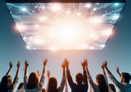 Employees of a firm lift their hands up joyfully, above their heads is a screen, symbolising digitalization. they worship it for the great many things it will bring their company