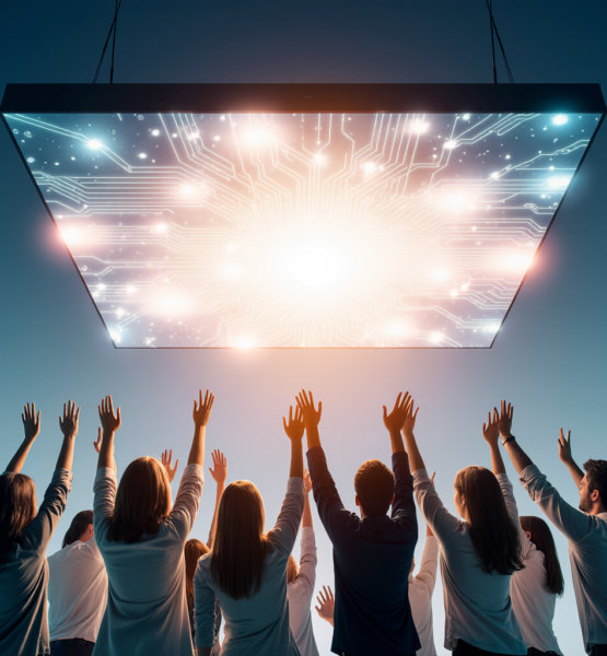 Employees of a firm lift their hands up joyfully, above their heads is a screen, symbolising digitalization. they worship it for the great many things it will bring their company