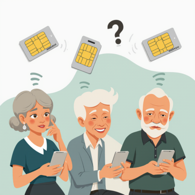 older_people_sitting_on_their_phones_unsure_how_to_use_their_cell_above_their_heads_a_flying_sim_card and a question mark