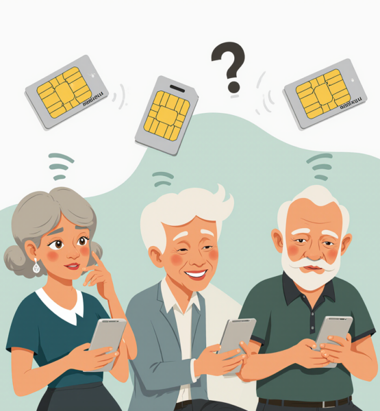 older_people_sitting_on_their_phones_unsure_how_to_use_their_cell_above_their_heads_a_flying_sim_card and a question mark