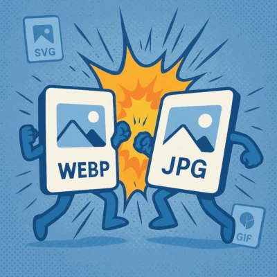 Zwei stilisierte Bilddateien mit den Labels "WEBP" und "JPG" treten in einem kämpferischen Duell gegeneinander an. Zwischen ihnen explodiert ein gelber Comic-Effekt, während kleinere Symbole für PNG und SVG im Hintergrund schweben.