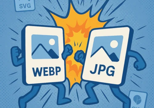 Zwei stilisierte Bilddateien mit den Labels "WEBP" und "JPG" treten in einem kämpferischen Duell gegeneinander an. Zwischen ihnen explodiert ein gelber Comic-Effekt, während kleinere Symbole für PNG und SVG im Hintergrund schweben.