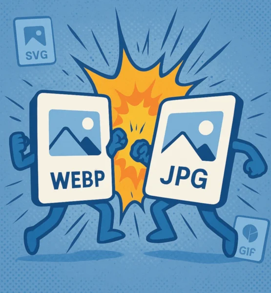 Zwei stilisierte Bilddateien mit den Labels "WEBP" und "JPG" treten in einem kämpferischen Duell gegeneinander an. Zwischen ihnen explodiert ein gelber Comic-Effekt, während kleinere Symbole für PNG und SVG im Hintergrund schweben.