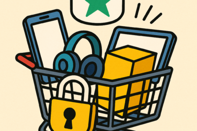 erstelle mir ein Bild in 1:1, in gezeichneter Optik, darin ein Warenkorb, Gegenstände gehen hinein, und ein trustpilot symbol schwebt darüber. Keine Schrift