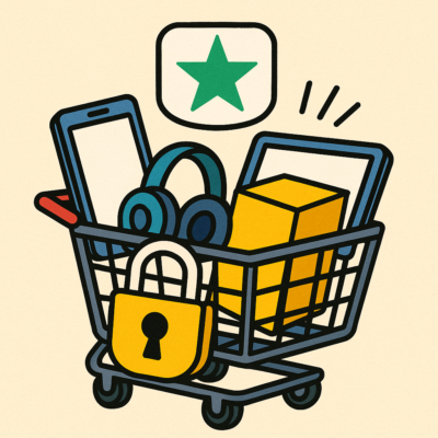 erstelle mir ein Bild in 1:1, in gezeichneter Optik, darin ein Warenkorb, Gegenstände gehen hinein, und ein trustpilot symbol schwebt darüber. Keine Schrift