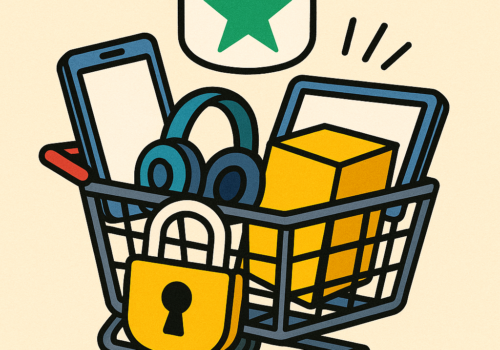 erstelle mir ein Bild in 1:1, in gezeichneter Optik, darin ein Warenkorb, Gegenstände gehen hinein, und ein trustpilot symbol schwebt darüber. Keine Schrift