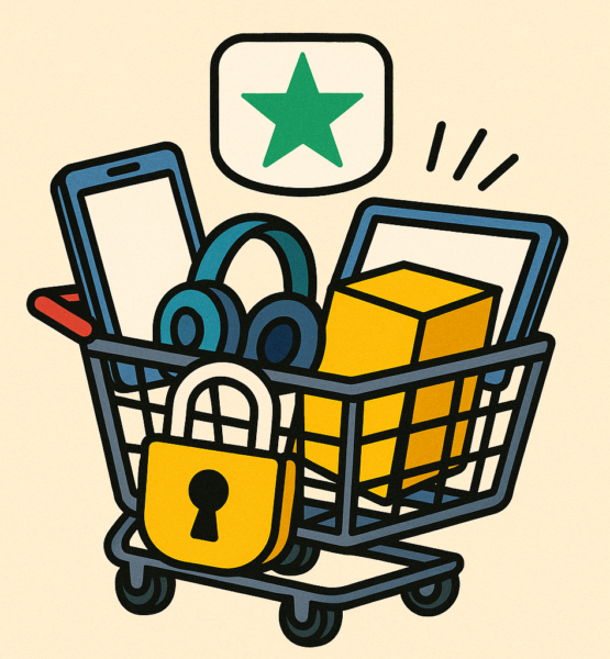 erstelle mir ein Bild in 1:1, in gezeichneter Optik, darin ein Warenkorb, Gegenstände gehen hinein, und ein trustpilot symbol schwebt darüber. Keine Schrift