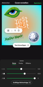 Ein Testlauf der Cover-erstellen-Funktion. Ein Cover mit verschiedenen Schriftzügen und Elementen, darunter einige Regler.