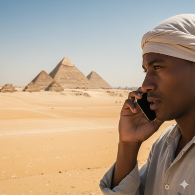 Eine Person, die im Anschnitt ist, ein handy ans Ohr hält, im Hintergrund Pyramiden und Sand