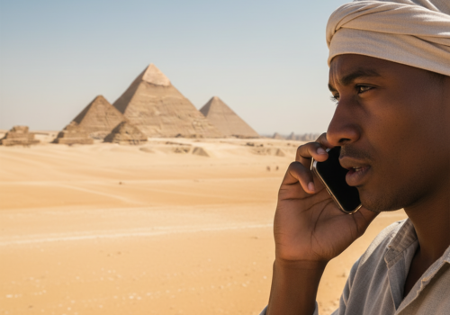 Eine Person, die im Anschnitt ist, ein handy ans Ohr hält, im Hintergrund Pyramiden und Sand