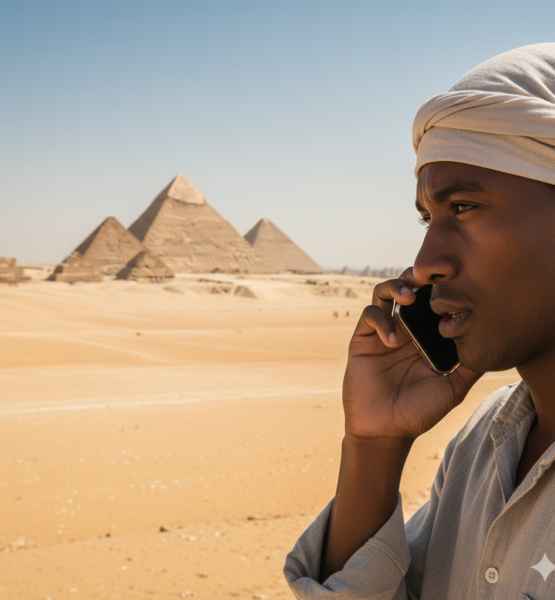 Eine Person, die im Anschnitt ist, ein handy ans Ohr hält, im Hintergrund Pyramiden und Sand