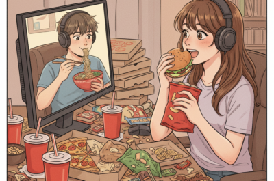 ein bild 1:1, Ein Mädchen schaut an ihrem Schreibtisch einem twitchstreamer zu, dieser Isst, sie isst auch, viel essen ist um sie herum