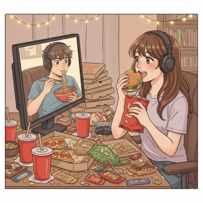 ein bild 1:1, Ein Mädchen schaut an ihrem Schreibtisch einem twitchstreamer zu, dieser Isst, sie isst auch, viel essen ist um sie herum