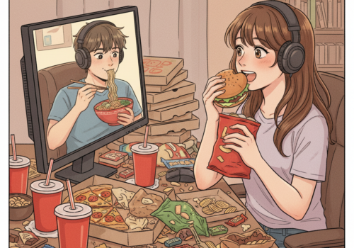 ein bild 1:1, Ein Mädchen schaut an ihrem Schreibtisch einem twitchstreamer zu, dieser Isst, sie isst auch, viel essen ist um sie herum