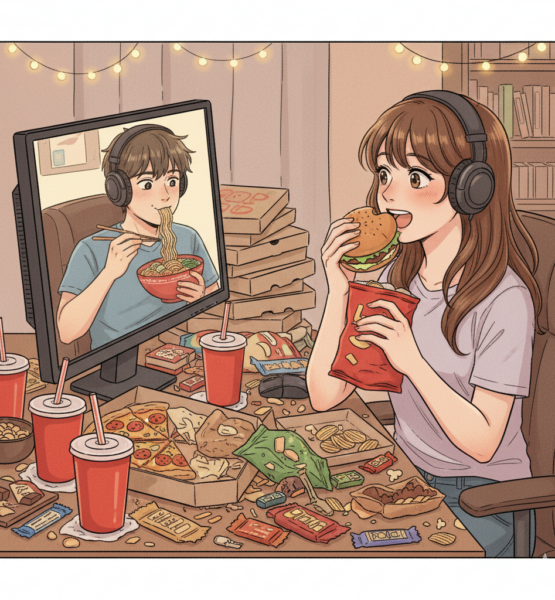 ein bild 1:1, Ein Mädchen schaut an ihrem Schreibtisch einem twitchstreamer zu, dieser Isst, sie isst auch, viel essen ist um sie herum