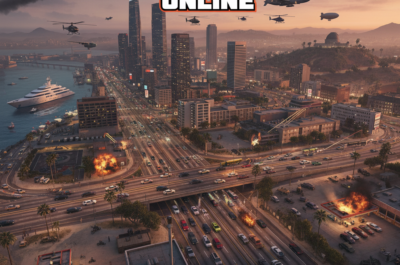 erstelle mir ein Bild 1:1 Format, dass die Welt von GTA Online zeigt, also so ein wideshot, in dem voll viele elemente drin sind, oben drüber in der schriftart fett gta online steht