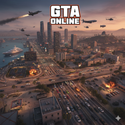 erstelle mir ein Bild 1:1 Format, dass die Welt von GTA Online zeigt, also so ein wideshot, in dem voll viele elemente drin sind, oben drüber in der schriftart fett gta online steht