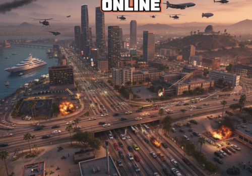 erstelle mir ein Bild 1:1 Format, dass die Welt von GTA Online zeigt, also so ein wideshot, in dem voll viele elemente drin sind, oben drüber in der schriftart fett gta online steht