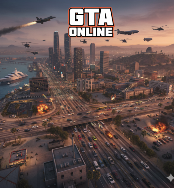 erstelle mir ein Bild 1:1 Format, dass die Welt von GTA Online zeigt, also so ein wideshot, in dem voll viele elemente drin sind, oben drüber in der schriftart fett gta online steht