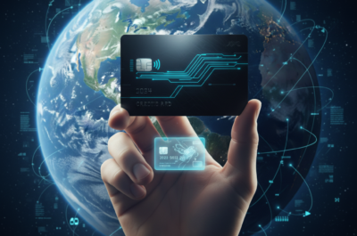1:1 Bild, eine Hand, die eine Bezahlkarte hochhält, im Hintergrund die Erdkugel