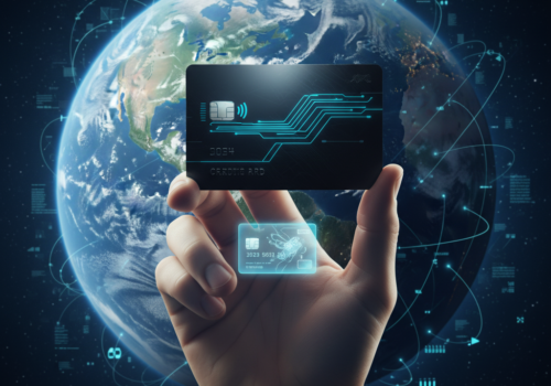 1:1 Bild, eine Hand, die eine Bezahlkarte hochhält, im Hintergrund die Erdkugel