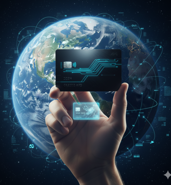 1:1 Bild, eine Hand, die eine Bezahlkarte hochhält, im Hintergrund die Erdkugel