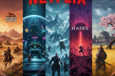 bild 1:1, darin sind die welten von Red Dead Redemption, BioShock, God of War , Hades , Ghost of Tsushima und darüber das Netflix logo
