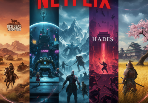 bild 1:1, darin sind die welten von Red Dead Redemption, BioShock, God of War , Hades , Ghost of Tsushima und darüber das Netflix logo