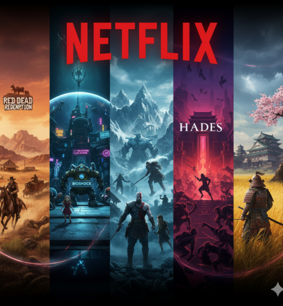 bild 1:1, darin sind die welten von Red Dead Redemption, BioShock, God of War , Hades , Ghost of Tsushima und darüber das Netflix logo