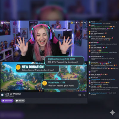 Bild 1:1, Bildschirm inhalt, dort ist eine twitch streamerin, die mit ihrem Chat interagiert und von ihm Donations kriegt