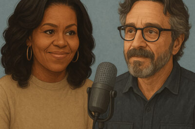 Eine KI-generierte Zeichnung von Michelle Obama und Marc Meron, in der Mitte von beiden befindet sich ein Podcastmikrofon.