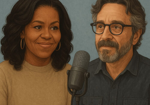 Eine KI-generierte Zeichnung von Michelle Obama und Marc Meron, in der Mitte von beiden befindet sich ein Podcastmikrofon.