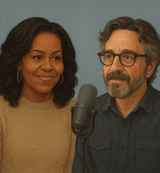 Eine KI-generierte Zeichnung von Michelle Obama und Marc Meron, in der Mitte von beiden befindet sich ein Podcastmikrofon.