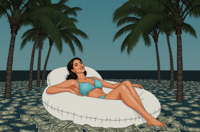 a cartoon of a woman in a resort, sitting on a pool toy , but instead of water its all money, she relaxes, in the background are palms