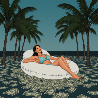 a cartoon of a woman in a resort, sitting on a pool toy , but instead of water its all money, she relaxes, in the background are palms
