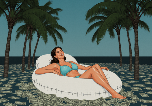 a cartoon of a woman in a resort, sitting on a pool toy , but instead of water its all money, she relaxes, in the background are palms