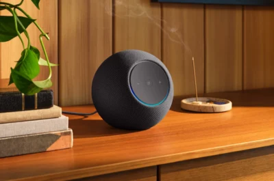 Ein Echo Studio steht auf einem Holztisch zwischen einer Zimmerpflanze und Räucherwerk.