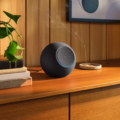 Ein Echo Studio steht auf einem Holztisch zwischen einer Zimmerpflanze und Räucherwerk.